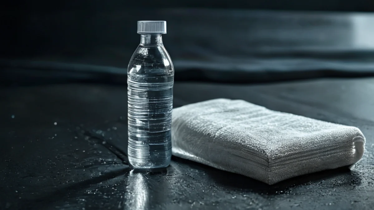 A sweaty towel next to a water bottle.