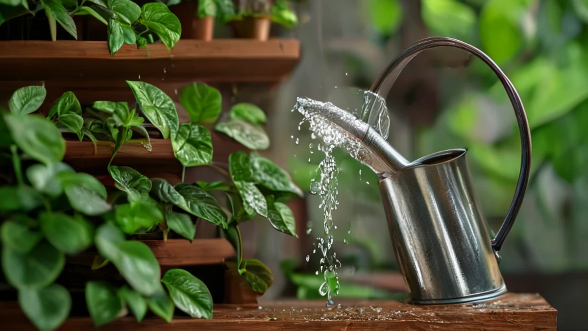 Un secchio d'acqua versa acqua sui piante
