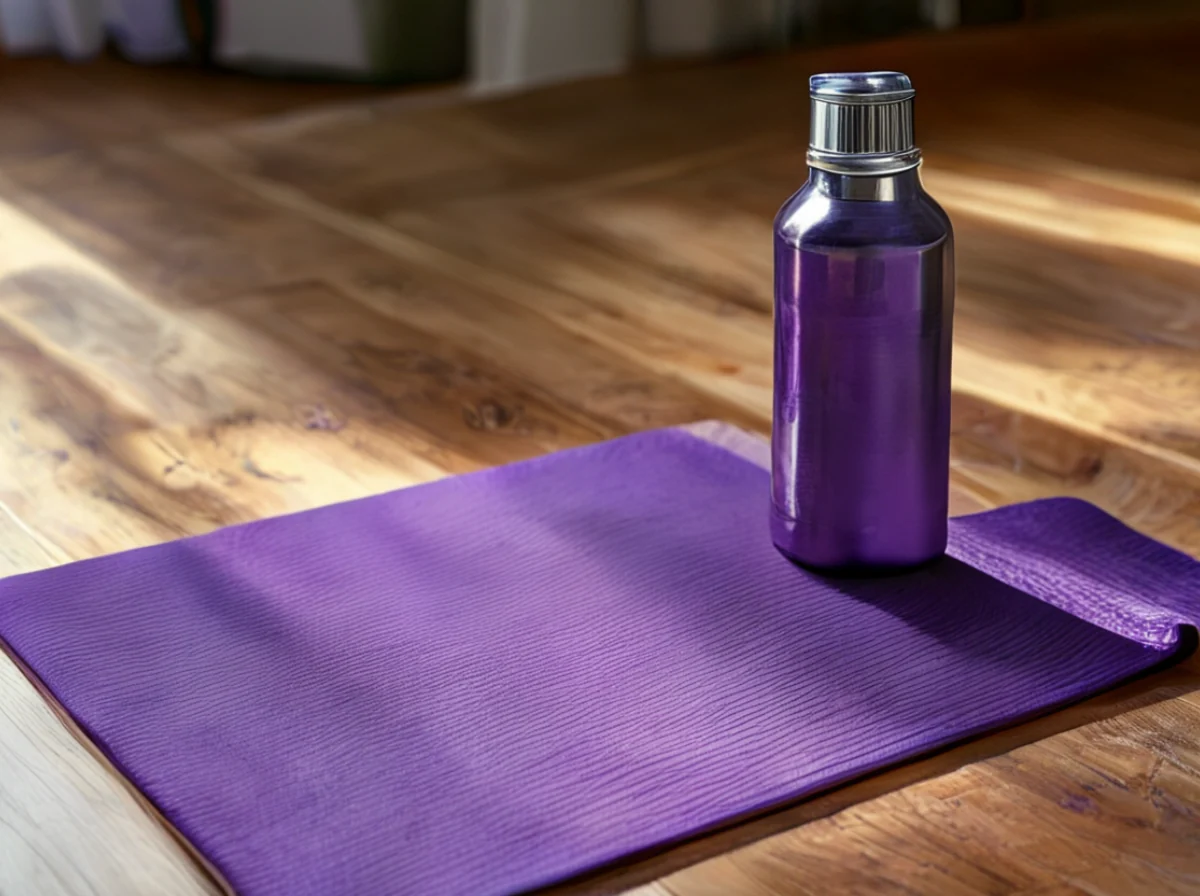 A yoga mat with a water bottle placed next to it.
