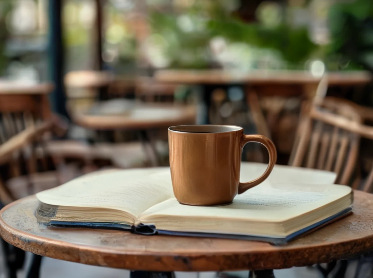 カフェのテーブルにコーヒーカップとノートが置かれています。
