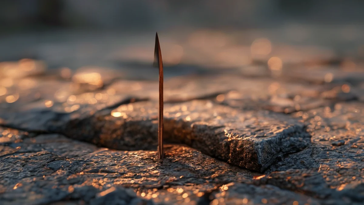 A copper stake with a rusted surface and a pointed tip.