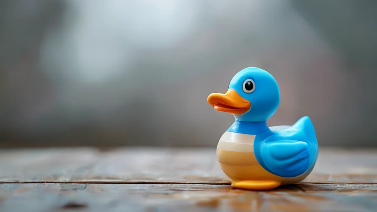 A cartoon duck toy with bright colors and a friendly face.