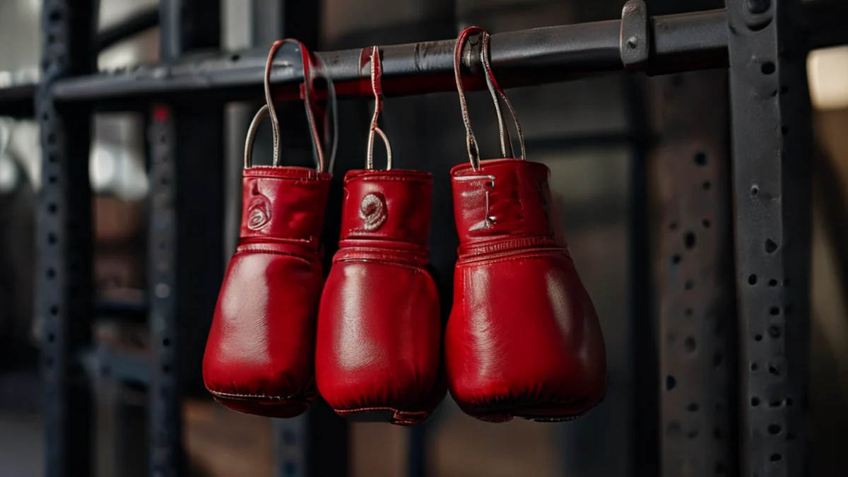 Los guantes de boxeo están colgados en un perchero en un gimnasio o sala de entrenamiento.