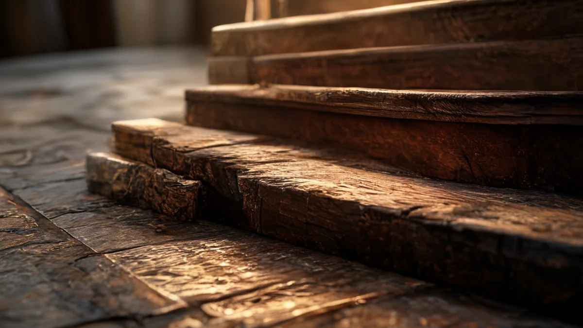 escalera de madera desgastada, marrón oscuro con textura áspera, sobre un suelo de piedra, bajo luz lateral cálida, campo de profundidad suave, fotorealista, enfoque afilado, detalles altos