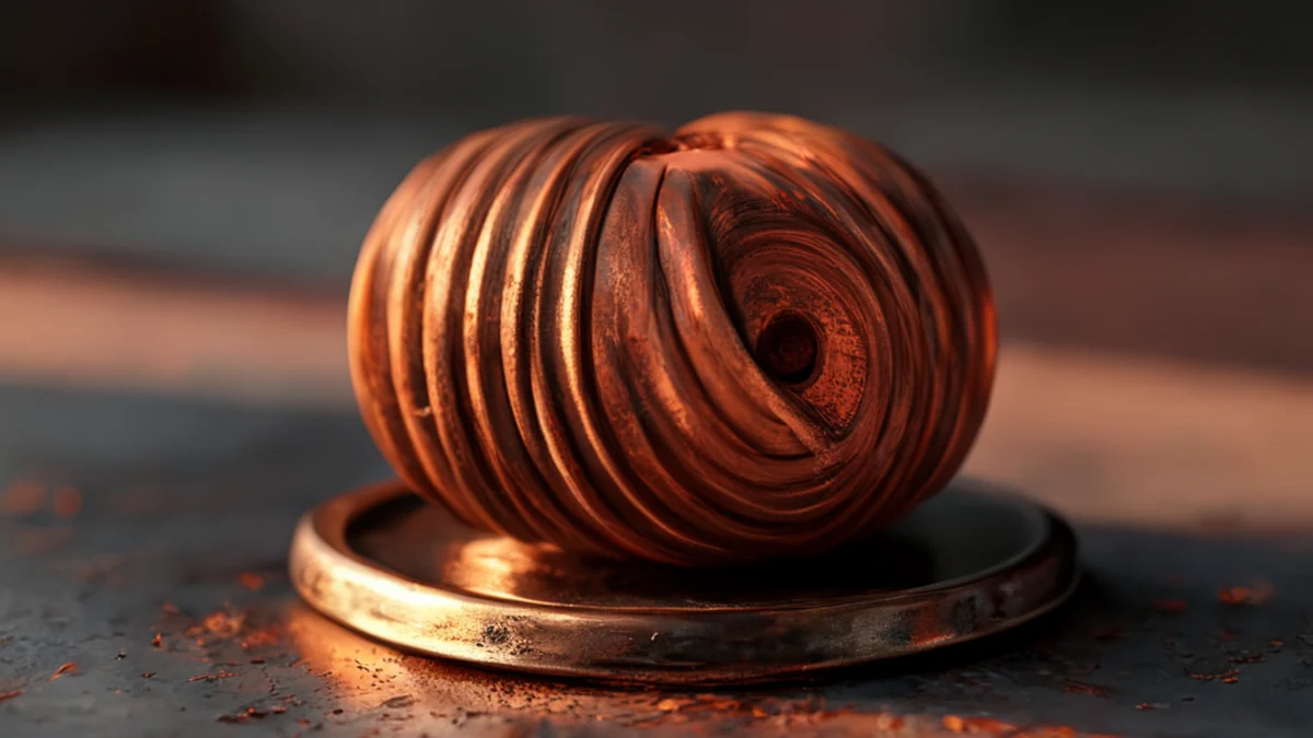 Couronne en cuivre avec un câble tissé, finition rouillée, forme spirale, sur un support métallique, sous une lumière chaude, champ de profondeur faible, réalisme photo, détails élevés