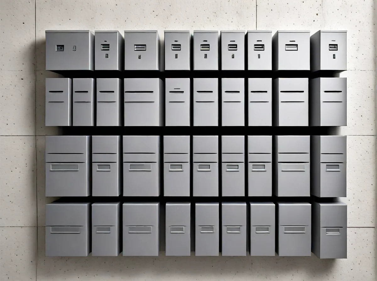 Groupe de boîtes aux lettres pour immeubles résidentiels avec des poignées en métal et des numéros colorés.