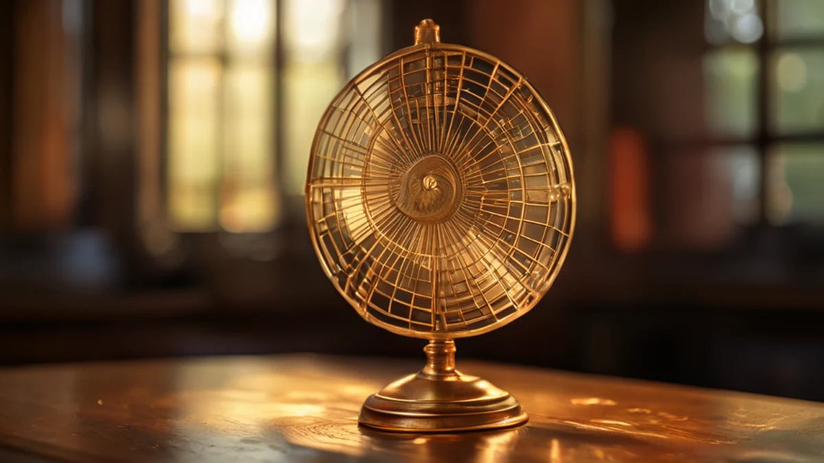 Fan in rame di Meghalaya, incisioni complesse, appoggiata su una tavola in legno sotto una luce calda, campo di profondità sottile, fotorealistico, focus netto, dettagli elevati
