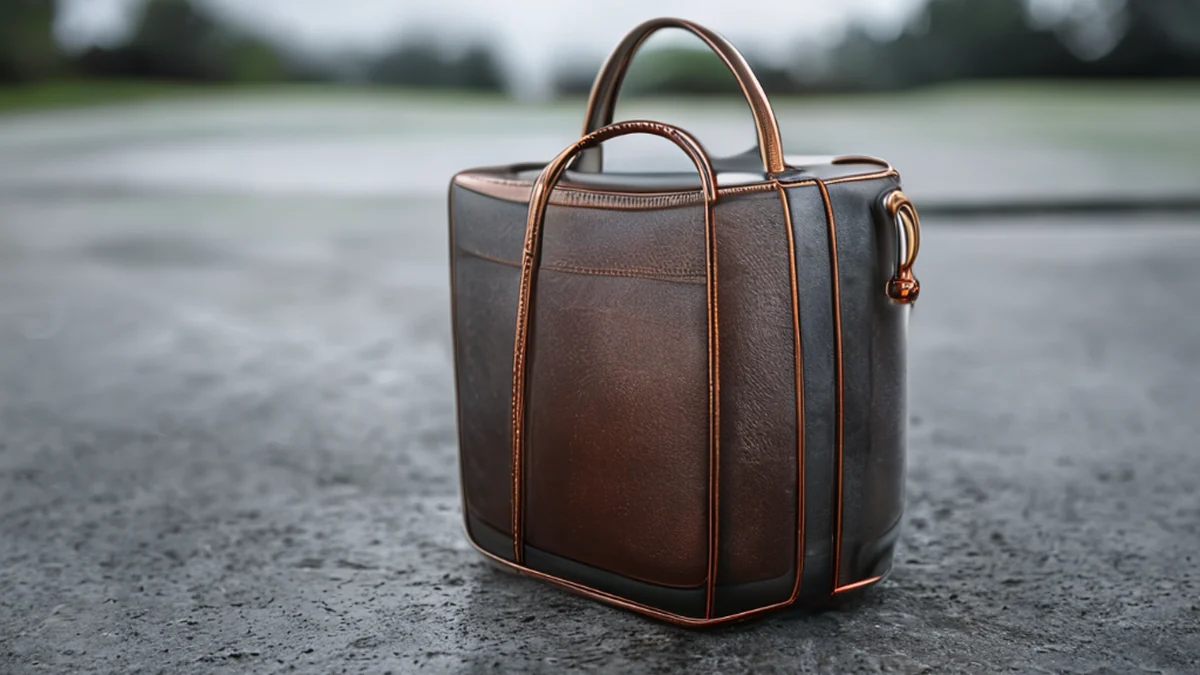 Golfbag in het midden, leer met metaalhandvat, rechthoekig, textuur, op beton, bewolkt daglicht, zacht scherpe focus, fotorealistisch