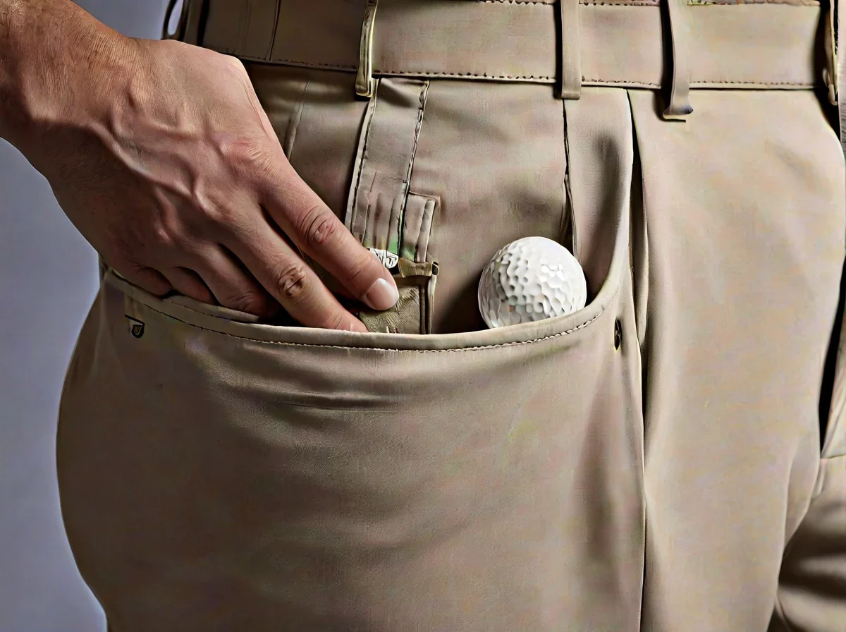 Eine Hand greift in den Taschenn des khaki Golfhosen und zieht eine weiße Golfsphäre hervor.