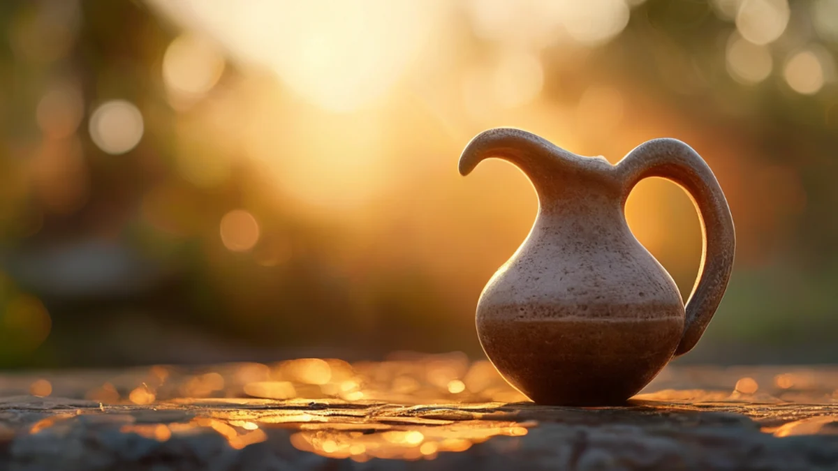A Tamil Nadu pitcher, smooth ceramic, long narrow spout, stone slab, golden hour light, shallow depth of field, photorealistic, sharp focus, high detail