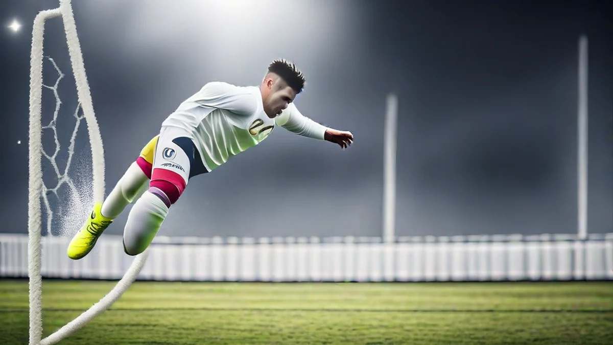 Soccer goalkeeper diving to retrieve a loose ball in mid-game.