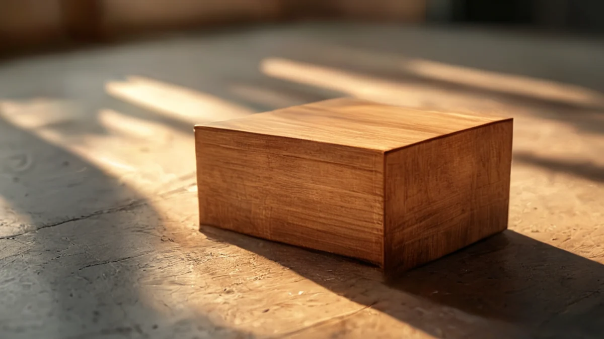 Caja de madera, forma cuadrada, superficie marrón, sobre un suelo de concreto, bajo luz cálida, profundidad de campo suave, realismo fotográfico, enfoque neto, detalles altos