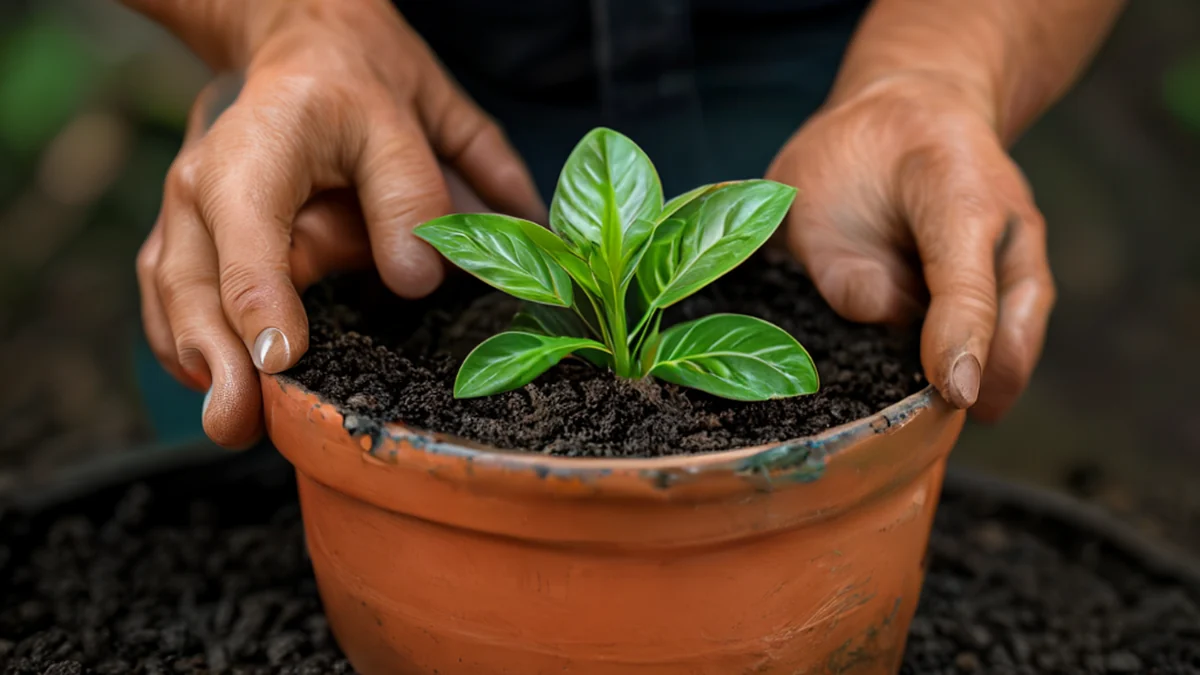 植物正在用新土和新盆重新盆栽。