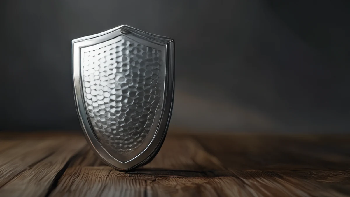 Grip shield met metallic texture, zilverkleur, op een houten tafel onder studio softbox licht, lage diepte van veld, fotorealistisch, scherp focus, hoog detail