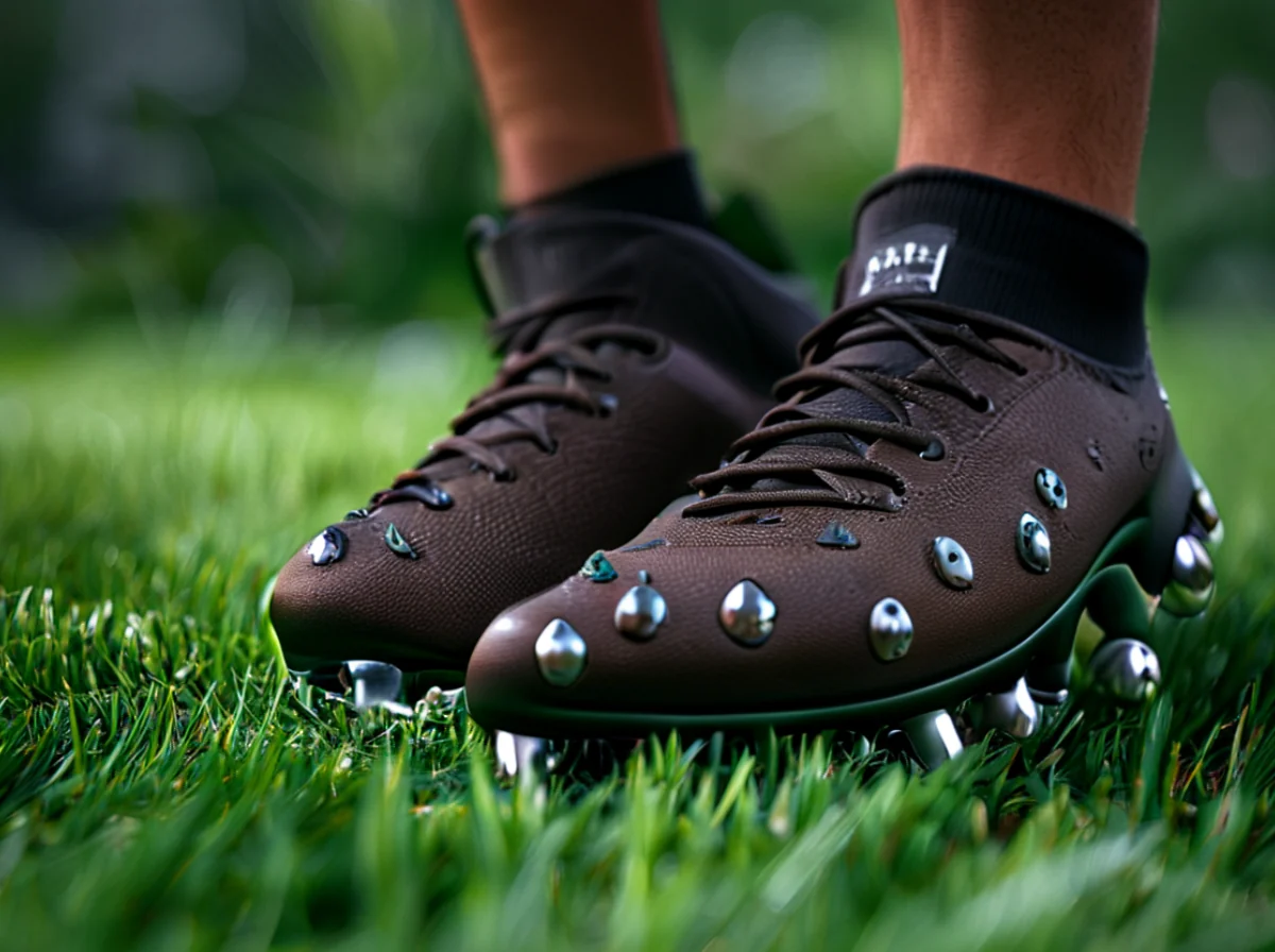 Een voetballer draagt knopen in zijn schoenen op een kunstgrasveld.