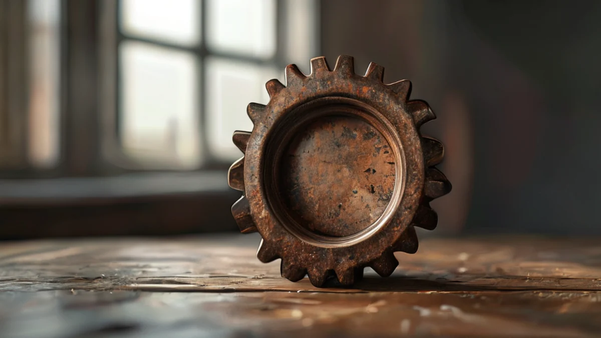 Rissige Bronze-Kurbel mit rostiger Oberfläche und abgenutzten Zähnen.