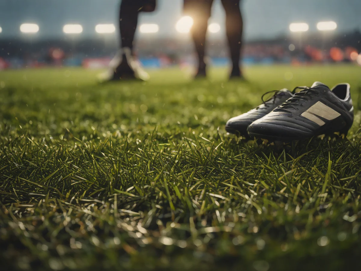 Close-up of soccer cleats fixed on wet autumn grass, with fans visible in the background under a cloudy sky and droplets forming on the grass.