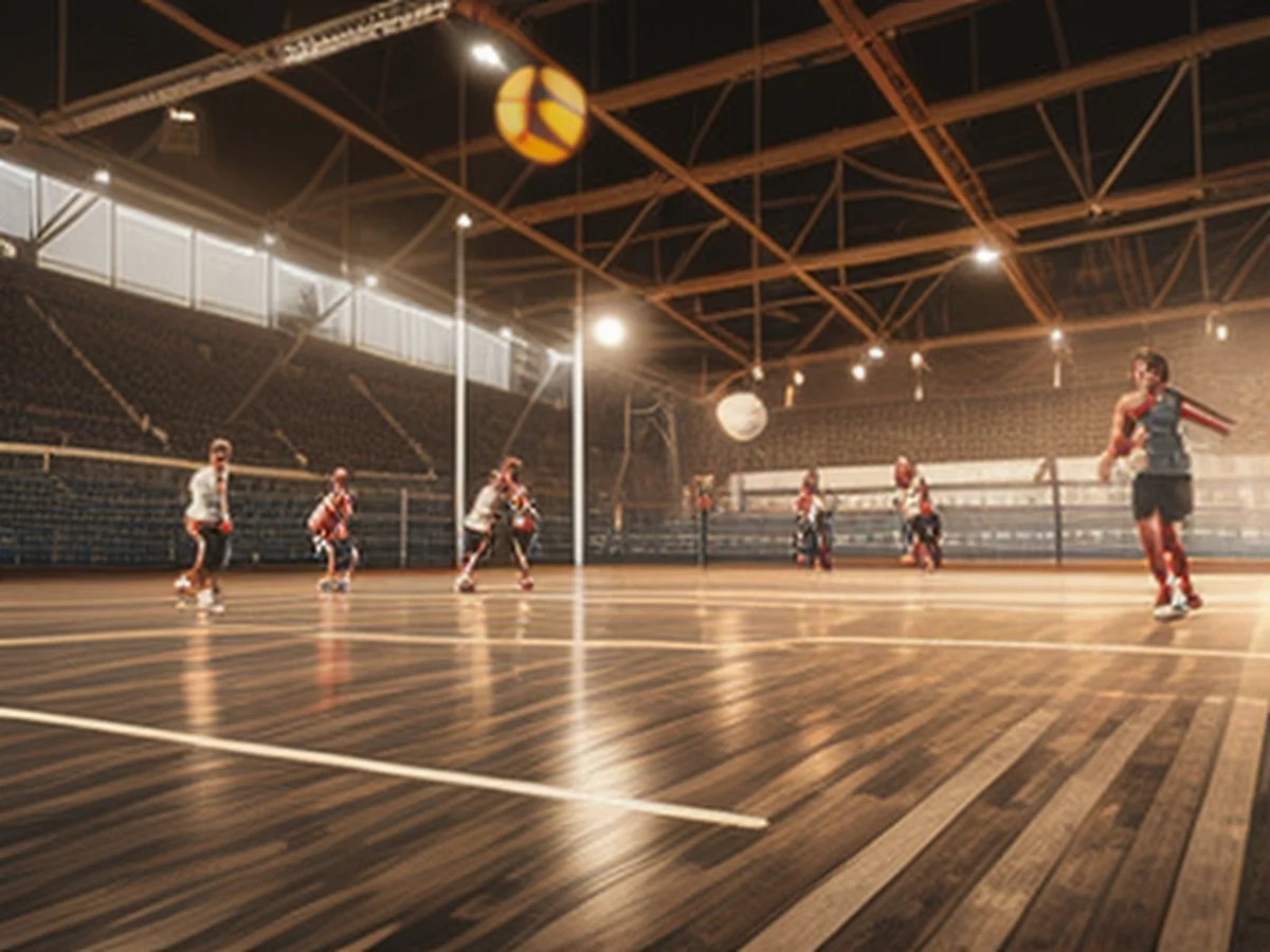 An indoor winter sports arena, with basketball and volleyball nets shining beneath the ceiling as athletes chase the ball. The wooden floor and lighting are vividly rendered.