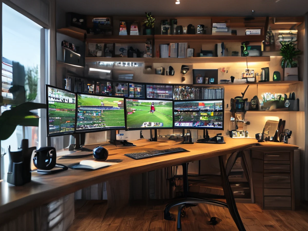 Espacio de oficina en casa para gestionar horarios deportivos, con múltiples monitores y notas de calendario ordenadas.
